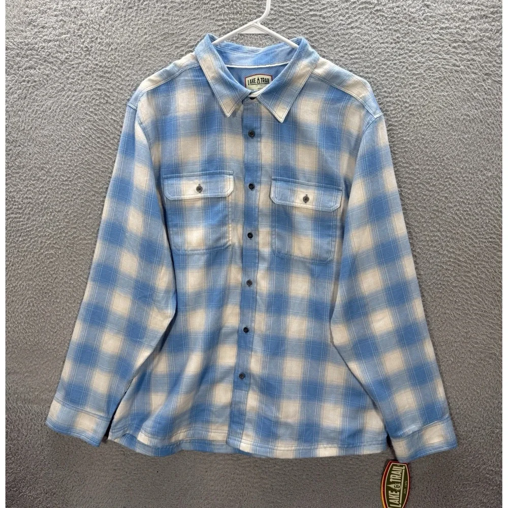 Lake & Trail Shirt Adult XL Blue White Plaid Flannel Outdoors Workwear Chore NEW